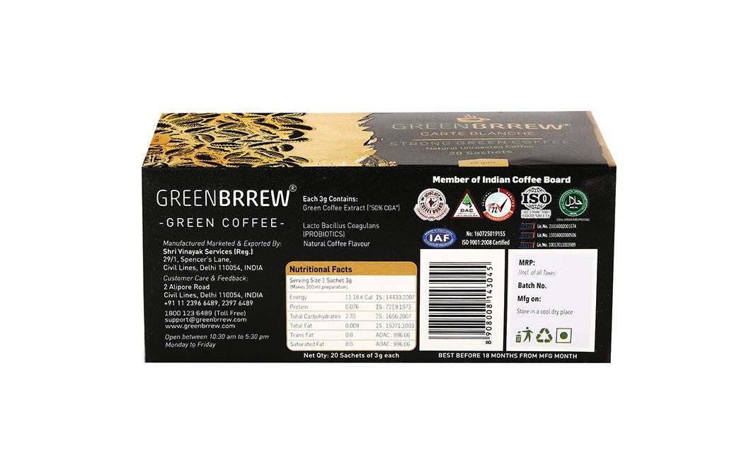 GreenBrrew Carte Blanche Strong Instant Coffee   Box  60 grams